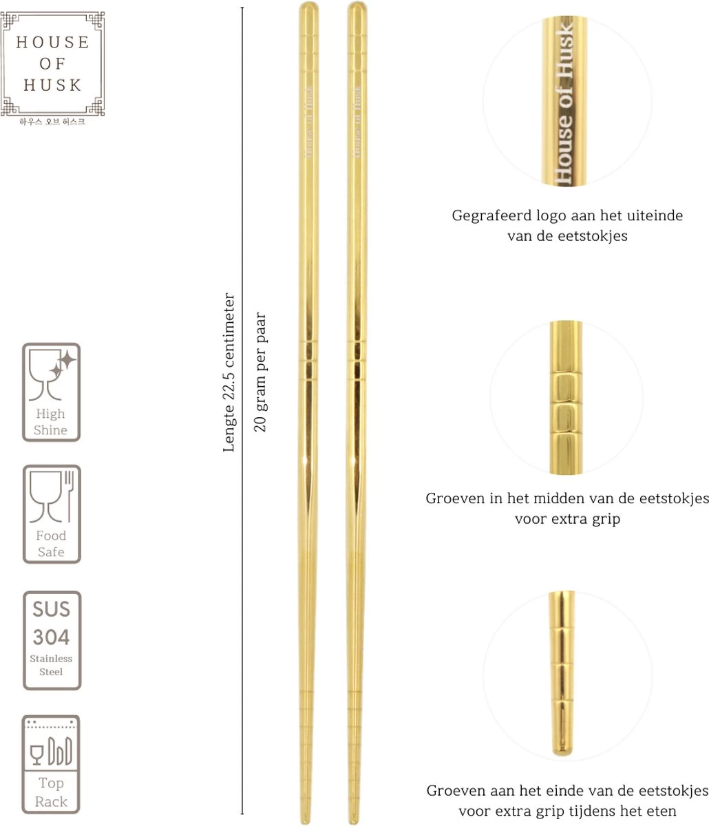 House Of Husk Chopsticks Set - Koreaanse Eetstokjes - Vaatwasserbestendig - RVS - 5 Paar - Goud 4 House Of Husk Chopsticks Set - Koreaanse Eetstokjes - Vaatwasserbestendig - RVS - 5 Paar - Goud - Afbeelding 2