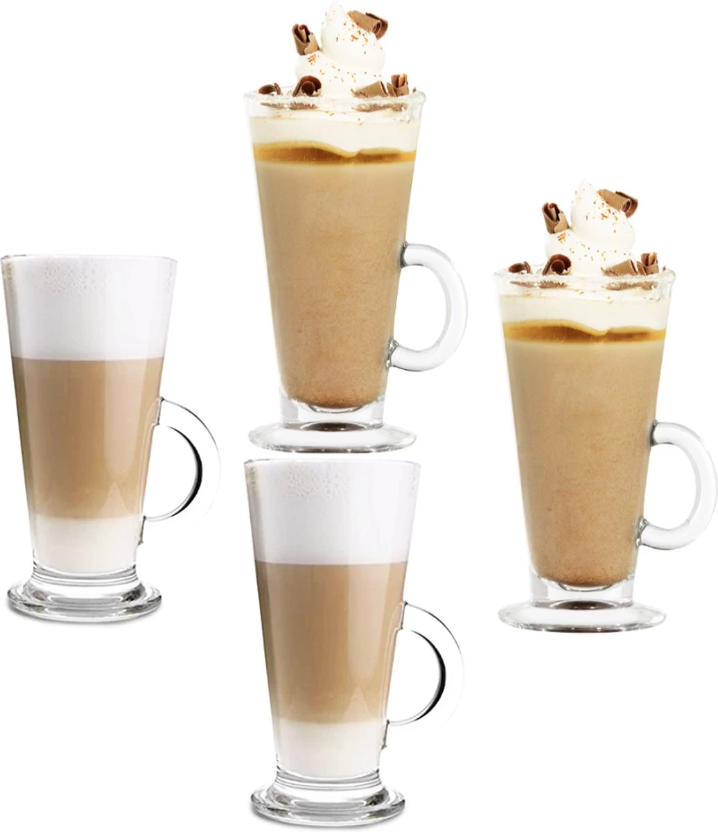 Luxe Latte Macchiato Glazen - Irish Coffee Glazen - 4 Stuks - Met Handvat - 280ml 3 Luxe Latte Macchiato Glazen - Irish Coffee Glazen - 4 Stuks - Met Handvat - 280ml