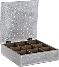 MDF Houten Theedoos/theekist Mandala Wit 9 Vakken 23 X 23 X 7 Cm - Theezakjes Bewaardozen