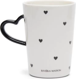 Riviera Maison Mok, Drinkmok, Theemok Met Hartjes Oor - RM Love Mug - Wit - Porselein - 300 ML - 1 Stuk
