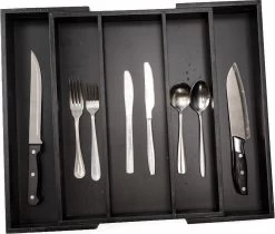 Merkloos Decopatent® Uitschuifbaar Bestekbak - Besteklade - 3 Vaks -> Uitschuifbaar Naar 5 Vakken - Bestekbakken Organizer - Bamboe - Zwart -Kook Verkoop 1200x1018 2