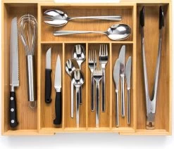 Budu Uitschuifbare Bamboe Bestekbak #38 (38 Cm Diep) - Bestekcassette Hout - Besteklade - 38 X 29,5 - 47,8 Cm - 5/7 Vakken