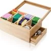 Amazy Theedoos Bamboe Extra Groot Met Lade En Theeplank - Thee Opslag Voor Theezakjes, Organizer Houten Doos Met Theekist, Theedozen Met 8 Verstelbare Verdelers, Opbergdoos