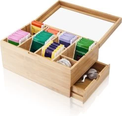 Amazy Theedoos Bamboe Extra Groot Met Lade En Theeplank - Thee Opslag Voor Theezakjes, Organizer Houten Doos Met Theekist, Theedozen Met 8 Verstelbare Verdelers, Opbergdoos