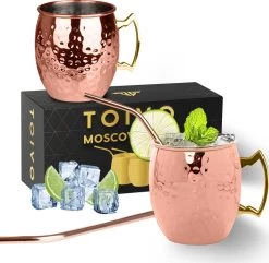 Toivo Moscow Mule Bekers Deluxe 2 Stuks - Brons - 500 Ml - Inclusief RVS Rietjes - Cocktailglas - Bekers