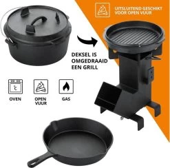 Dutch Mountains Gietijzeren Pannenset 7-delig - Dutch Oven – Braadpan - Grillpan - Hapjespan - Kookset In Houten Transportkist - Deksellifter - Brander -Kook Verkoop 1200x1185