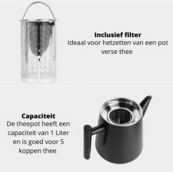 Castagnola Theepot Met Filter – Theekan – Theepot Dubbelwandig – Theepot Roestvrijstaal – Hoogwaardig RVS – 1 Liter – 5 Kopjes Thee – Zwart -Kook Verkoop 1200x1195 16