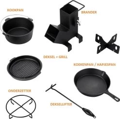 Dutch Mountains Gietijzeren Pannenset 7-delig - Dutch Oven – Braadpan - Grillpan - Hapjespan - Kookset In Houten Transportkist - Deksellifter - Brander -Kook Verkoop 1200x1197 6