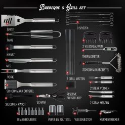 Mountain Jack® 40-Delige Luxe BBQ Grill Accessoires Set In Roestvrij Staal – Barbecue Gereedschap – Tangenset, Vlees Thermometer, Vleestang, Borstel, Spiezen, Vleesmes, Vleesvork -Kook Verkoop 1200x1199