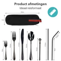 Damster Reisbestek - Verbeterde Versie - Meeneem Bestek Rvs - Reis Bestekset To Go - Incl. Herbruikbare Rietjes - Eenpersoons - Achtdelig - Zwart -Kook Verkoop 1200x1200 1403