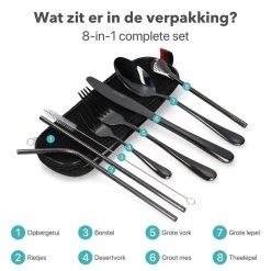 Damster Reisbestek - Verbeterde Versie - Meeneem Bestek Rvs - Reis Bestekset To Go - Incl. Herbruikbare Rietjes - Eenpersoons - Achtdelig - Zwart -Kook Verkoop 1200x1200 1404