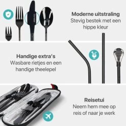 Damster Reisbestek - Verbeterde Versie - Meeneem Bestek Rvs - Reis Bestekset To Go - Incl. Herbruikbare Rietjes - Eenpersoons - Achtdelig - Zwart -Kook Verkoop 1200x1200 1408