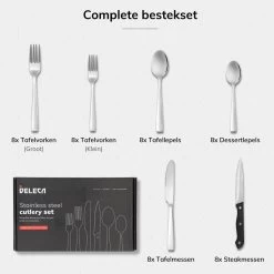 Deleca 8 Persoons Bestekset (48-delig) - Lepels, Messen, Vorken & Steakmessen - Vaatwasserbestendig - Zilver / RVS 21 Deleca 8 Persoons Bestekset (48-delig) - Lepels, Messen, Vorken & Steakmessen - Vaatwasserbestendig - Zilver / RVS -Kook Verkoop 1200x1200 1421