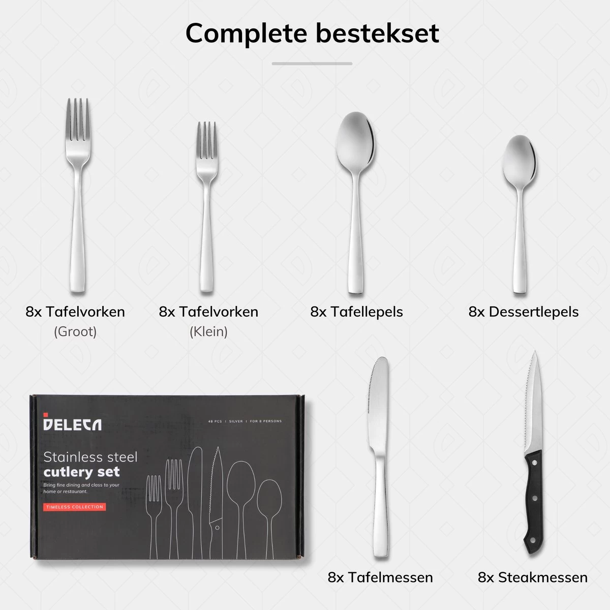 Deleca 8 Persoons Bestekset (48-delig) - Lepels, Messen, Vorken & Steakmessen - Vaatwasserbestendig - Zilver / RVS 12 Deleca 8 Persoons Bestekset (48-delig) - Lepels, Messen, Vorken & Steakmessen - Vaatwasserbestendig - Zilver / RVS - Afbeelding 10