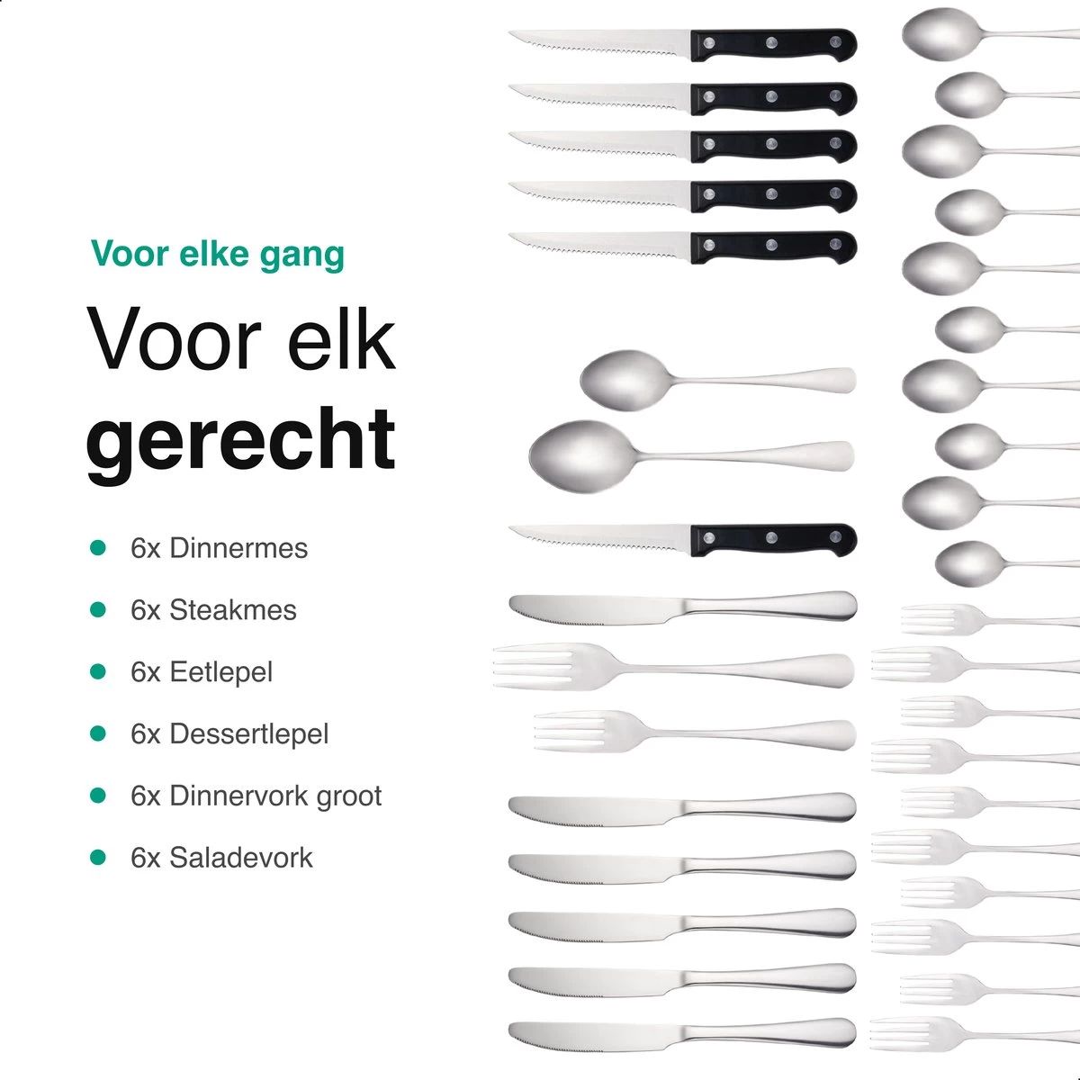 Vivid Green Bestekset (36-delig) - Bestek Set 6 Persoons - Lepels, Messen, Vorken En Steakmessen - Vaatwasserbestendig - RVS 10 Vivid Green Bestekset (36-delig) - Bestek Set 6 Persoons - Lepels, Messen, Vorken En Steakmessen - Vaatwasserbestendig - RVS - Afbeelding 8