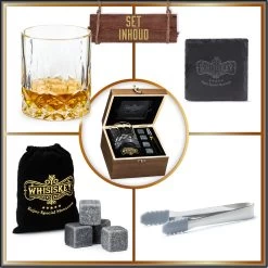 Whisiskey Luxe Whiskey Set - Incl. Whiskey Glas, 4 Whiskey Stones, Onderzetter, Ijstang, Fluwelen Opbergzak, Opbergbox - Whisky Geschenkdoos - Accessoires - Herbruikbare IJsblokjes - Cadeau Voor Man & Vrouw -Kook Verkoop 1200x1200 1914