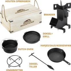 Dutch Mountains Gietijzeren Pannenset 7-delig - Dutch Oven – Braadpan - Grillpan - Hapjespan - Kookset In Houten Transportkist - Deksellifter - Brander -Kook Verkoop 1200x1200 333