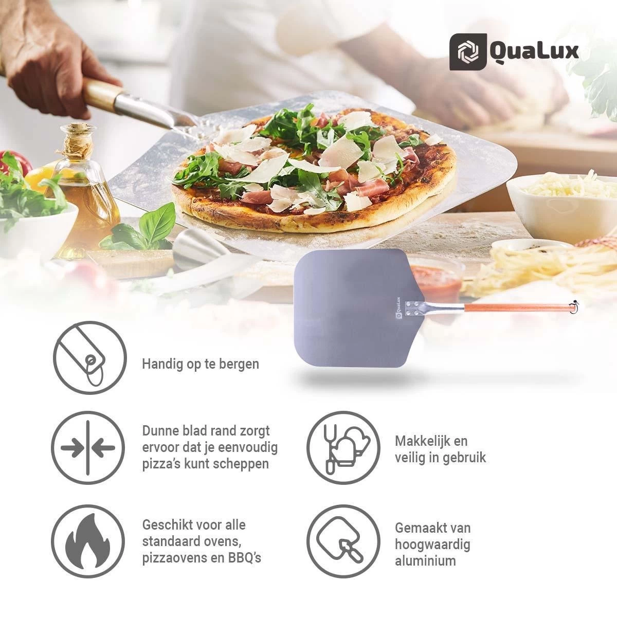 Qualux Pizzaschep Tweedelig – Pizzaschep Voor BBQ – Ophangbaar – Hout/rvs 7 Qualux Pizzaschep Tweedelig – Pizzaschep Voor BBQ – Ophangbaar – Hout/rvs - Afbeelding 5