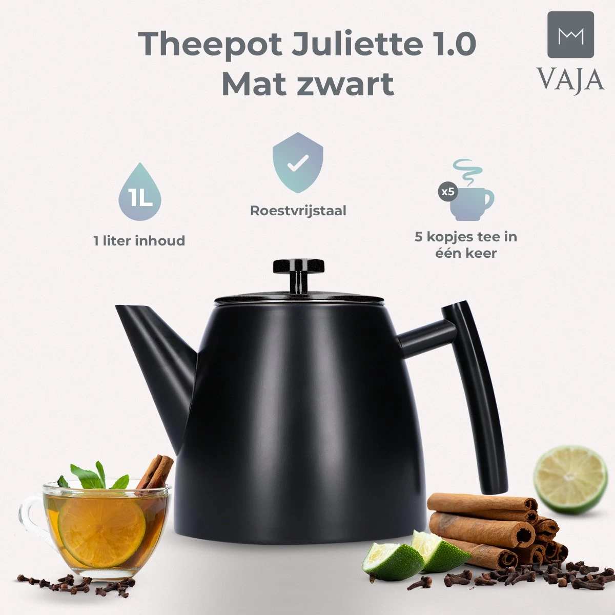 Vaja® Camille Theepot Zwart Met Filter - 1 Liter - RVS - Dubbelwanding 12 Vaja® Camille Theepot Zwart Met Filter - 1 Liter - RVS - Dubbelwanding - Afbeelding 10