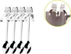 4 Theelepels Hangende Kat - Katten Koffielepel - RVS - Zilverkleurig