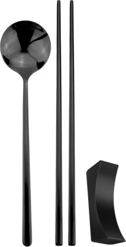 House Of Husk 1 Persoons Chopstick Set - 1 Paar Metalen Koreaanse Eetstokjes - Inclusief Eetlepel En Houder - RVS - Metaal - Eetstokjes - Koreaans - Vaatwasserbestendig - Sushi Chopsticks - Noodles - Zwart